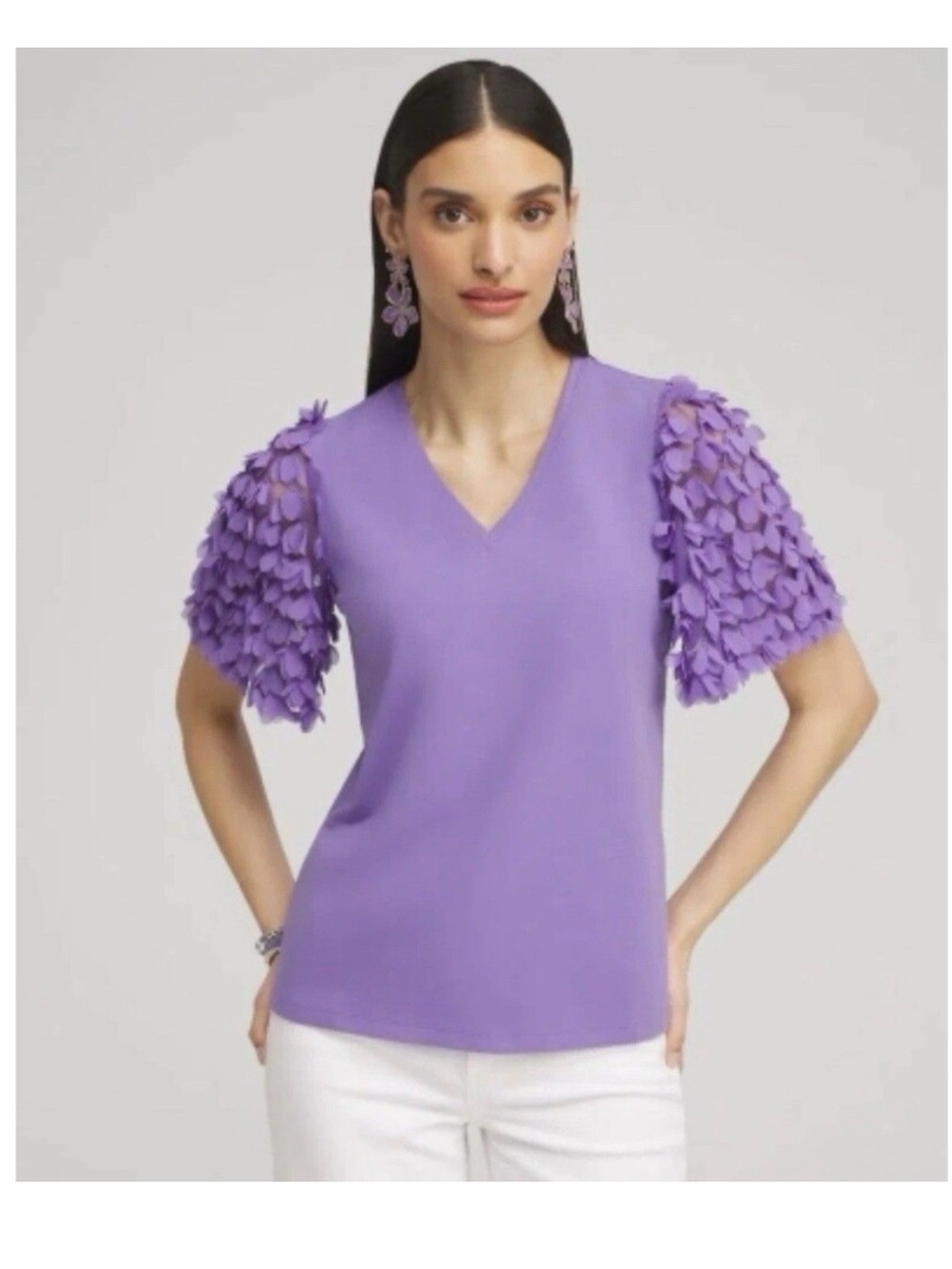Chico's Parisian Appliqué Lavender Petal-Sleeve V-Neck Top